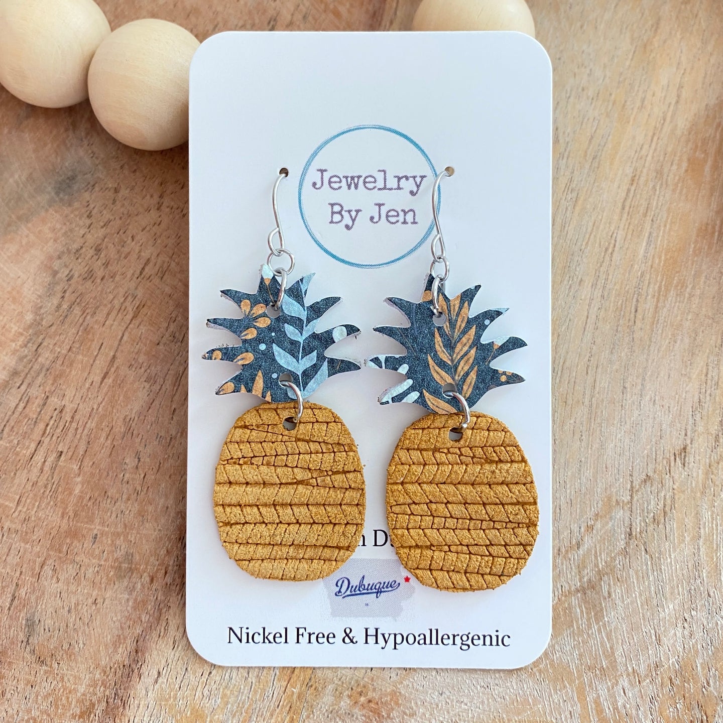 Pineapple Earrings: Mustard & Navy Floral Herbs