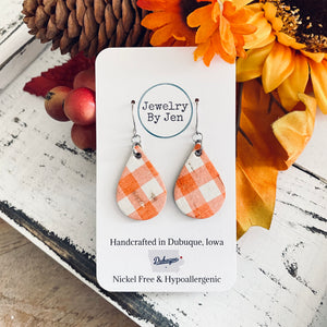 Orange & White Plaid Cork Small Teardrop