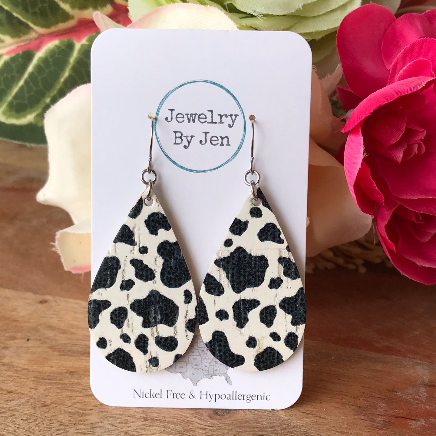 Medium Teardrop Earrings: Cow Print