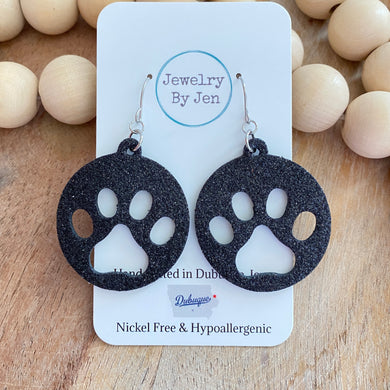 Paw Earrings: Black Fine Glitter