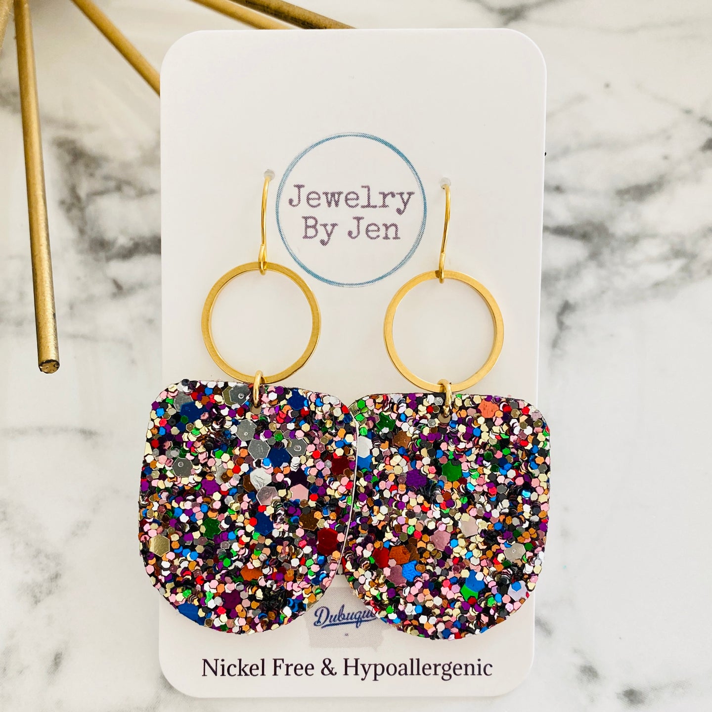 Boho Dangle Earrings: Jewel Tone Glitter w/Gold Accent