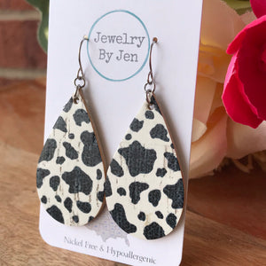 Medium Teardrop Earrings: Cow Print