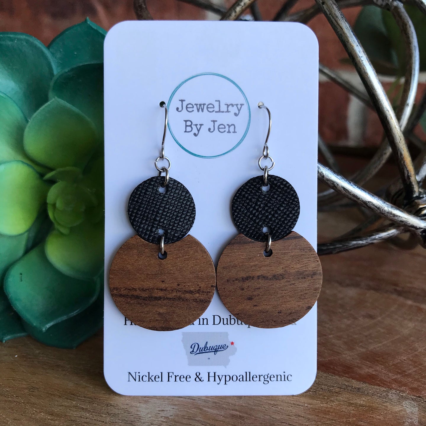 Round Wood & Black Earrings