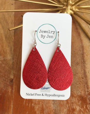 Medium Teardrop Earrings: Metallic Red Saffiano