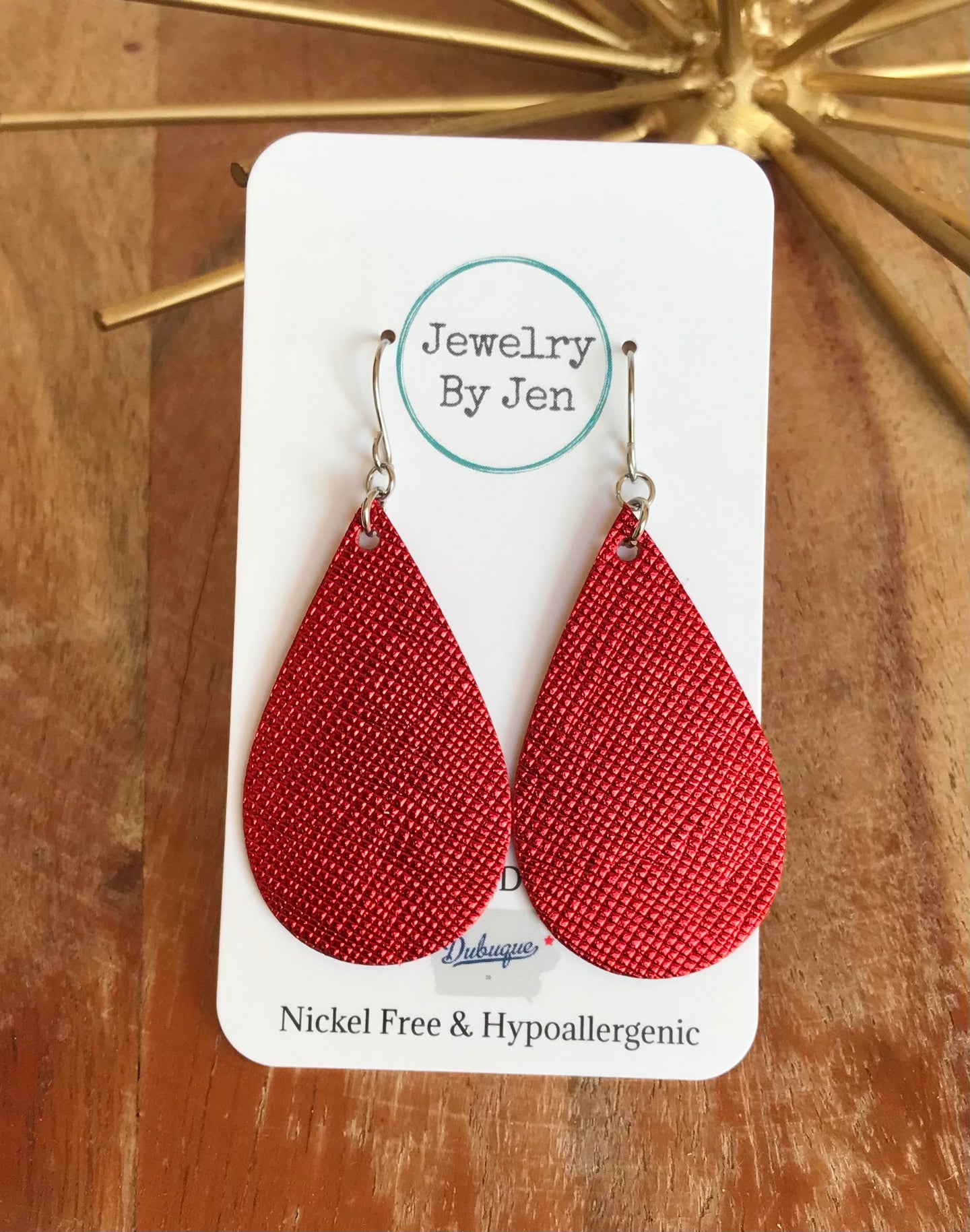 Medium Teardrop Earrings: Metallic Red Saffiano