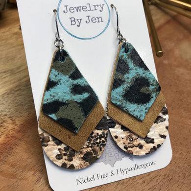 Triple Stacked Teardrop Earrings:Turquoise Leopard, Weathered Tan & Floral Earrings Cheetah