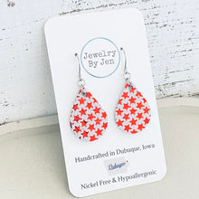 Load image into Gallery viewer, Small Teardrop Earrings: Red Metallic Stars on White Suede