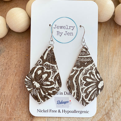 Elegant Teardrop Earrings: Cream & Brown Tooled