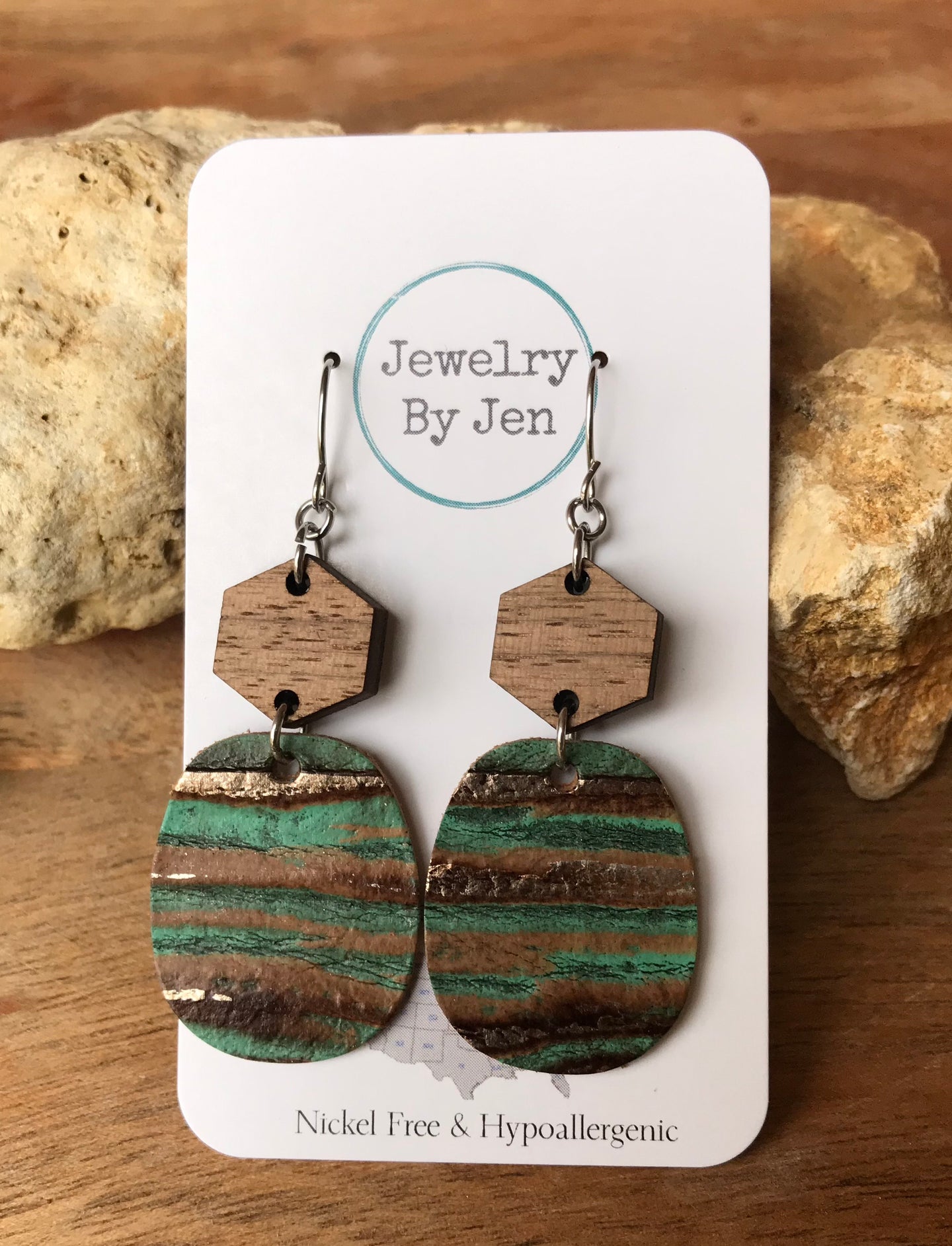 Wood Hexagon & Aqua Bronze Earrings