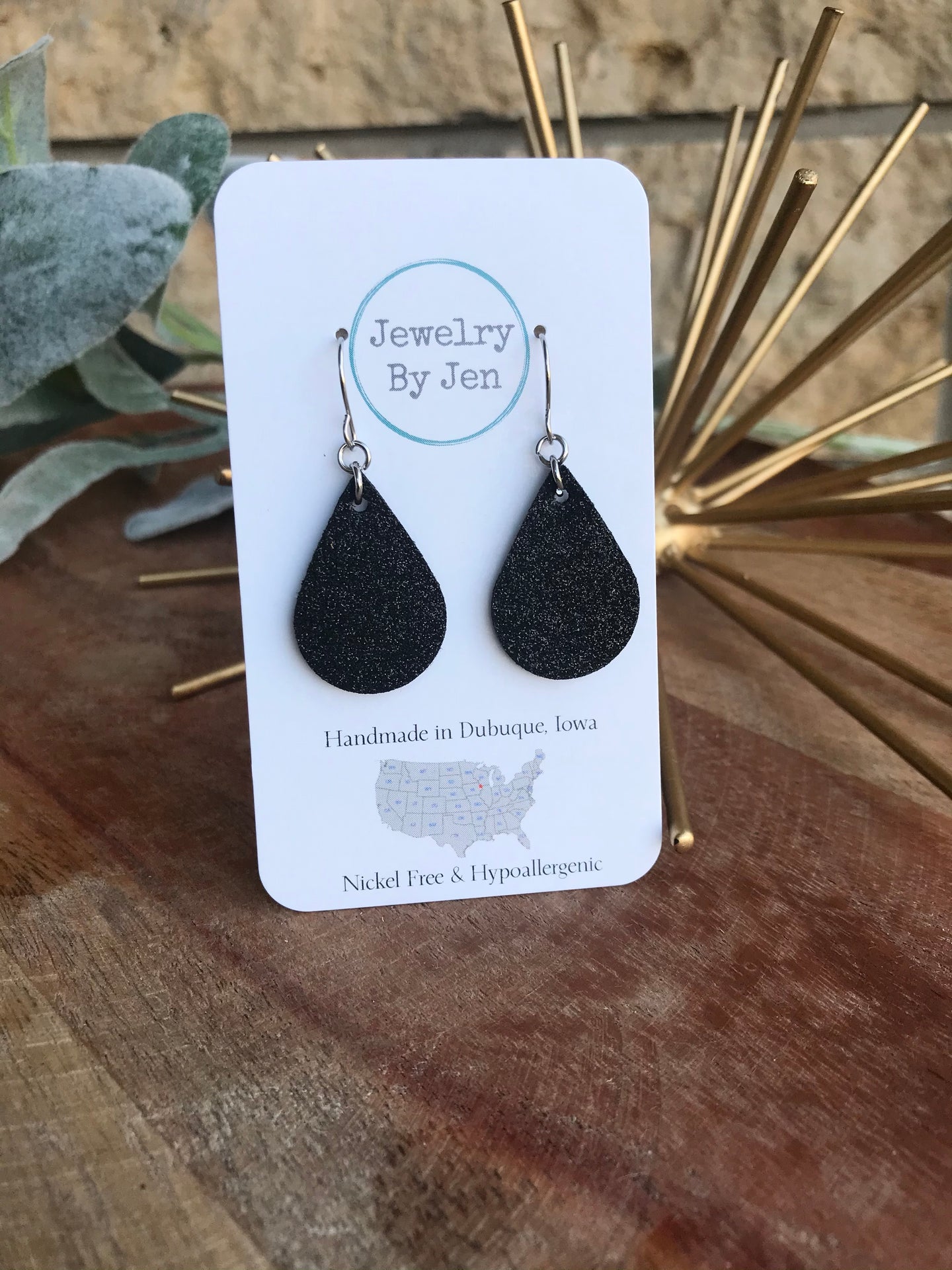 Small Teardrop Earrings: Black Fine Glitter