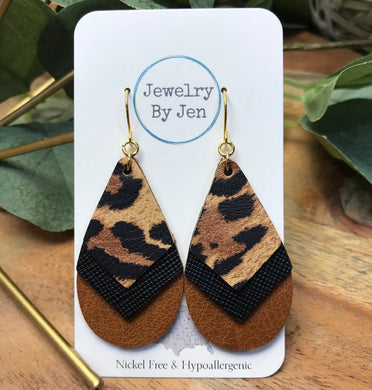 Triple Stacked Teardrop Earrings: Cheetah, Black & Cognac