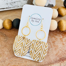 Load image into Gallery viewer, Boho Dangle Earrings: Gold &amp; White Chevron Cork