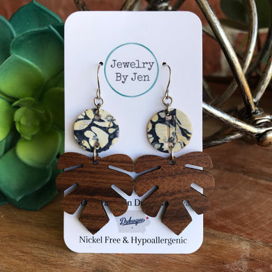 Wood Monstera Leaf & Navy Floral Earrings