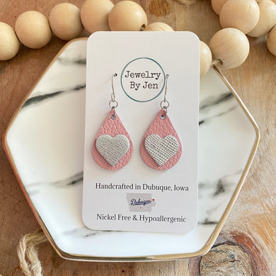 Small Teardrop Earrings: Pink w/ Silver Heart