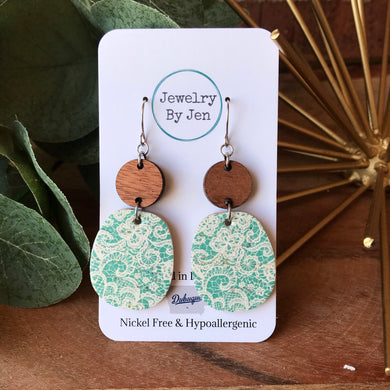 Cherry Wood & Aqua Lace Earrings