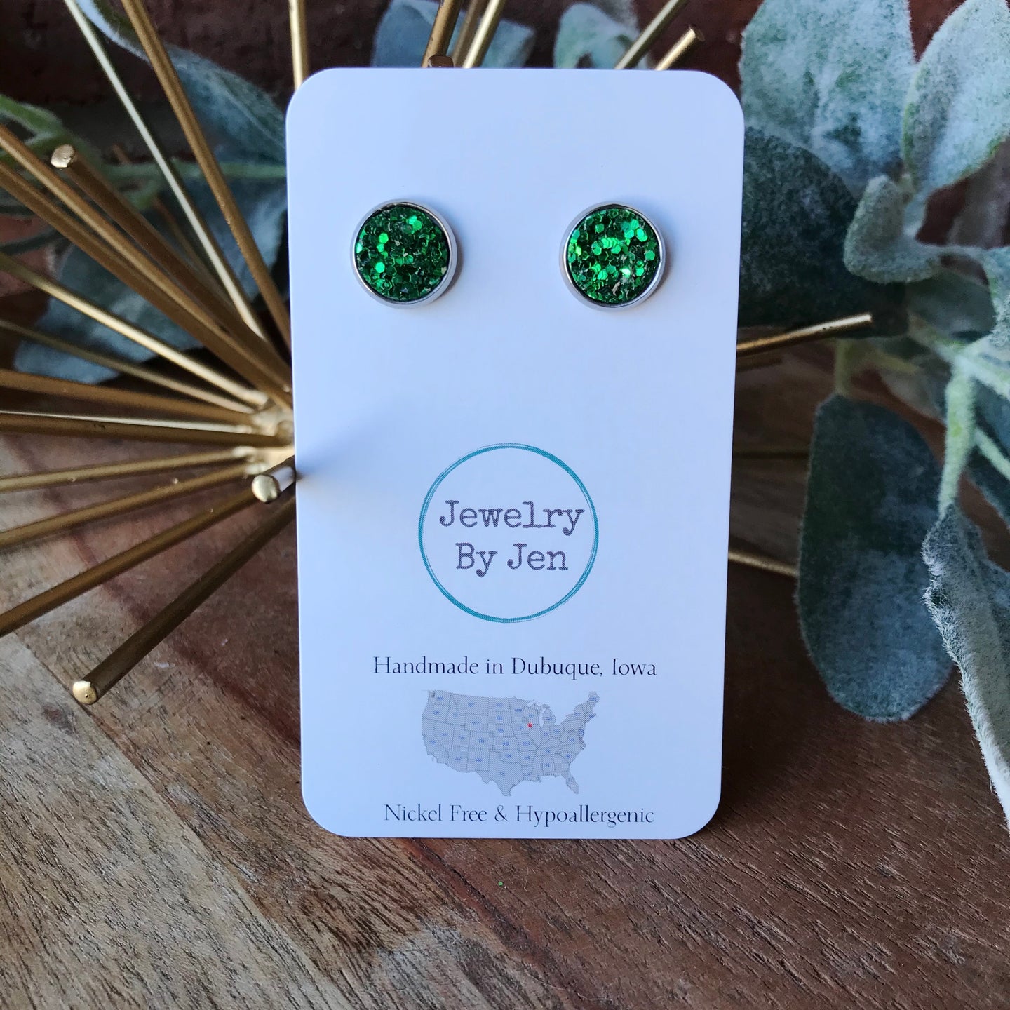 Stud Earrings: Green Glitter
