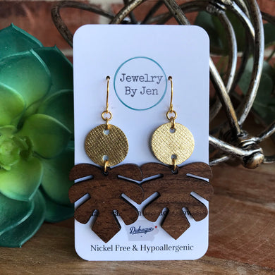 Wood Monstera Leaf & Gold Earrings