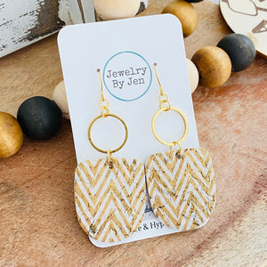 Boho Dangle Earrings: Gold & White Chevron Cork