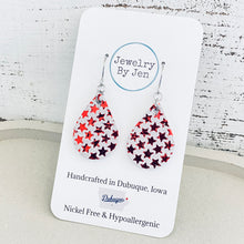 Load image into Gallery viewer, Small Teardrop Earrings: Red Metallic Stars on White Suede