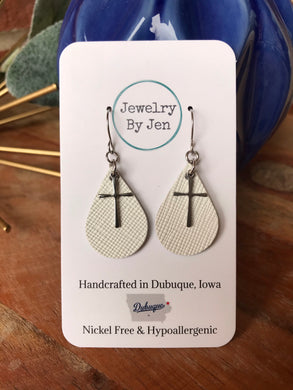 Small Teardrop Earrings: White w/Cross