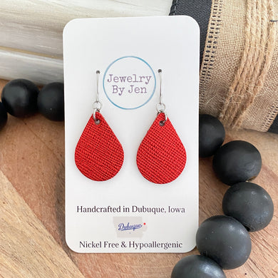 Small Teardrop Earrings: Metallic Red Saffiano