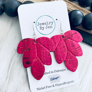 Embossed Leaf Earrings: Hot Pink Cork