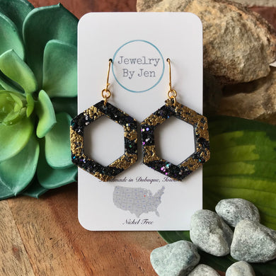 Hexagon (Cutout): Gold & Black Glitter