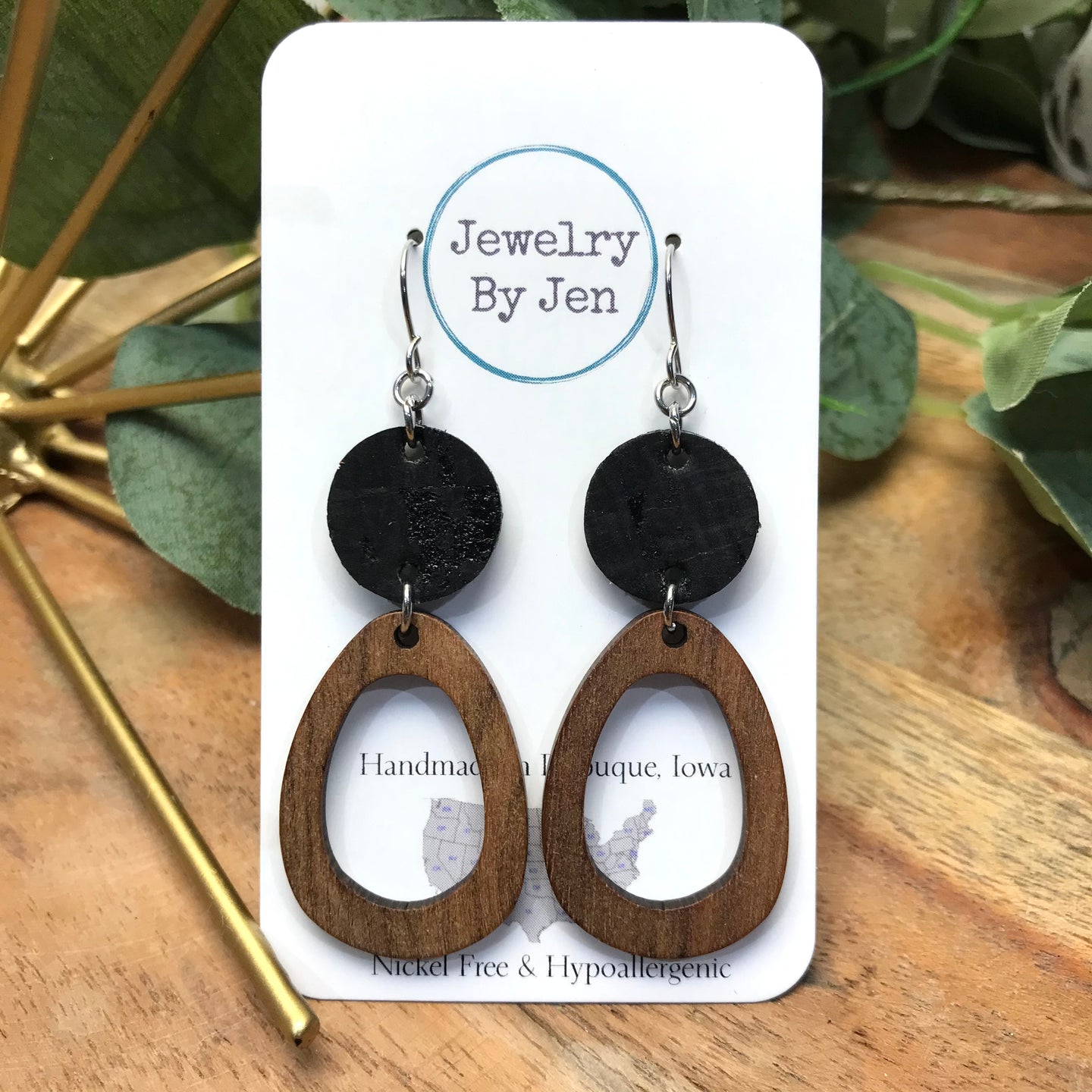 Wood Oblong & Black Earrings