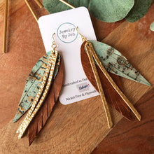 Load image into Gallery viewer, Narrow Fringe Feather Earrings: Turquoise Wildwood, Cognac &amp; Gold