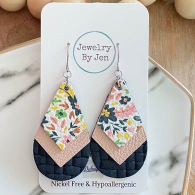 Triple Stacked Teardrop Earrings: Gentle Summer, Blush & Navy Weave