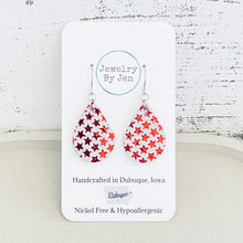 Load image into Gallery viewer, Small Teardrop Earrings: Red Metallic Stars on White Suede