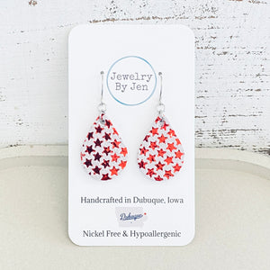 Small Teardrop Earrings: Red Metallic Stars on White Suede