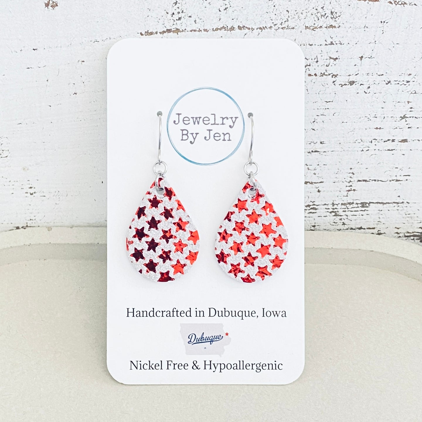 Small Teardrop Earrings: Red Metallic Stars on White Suede