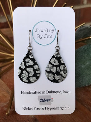 Small Teardrop Earrings: Black & Silver Leopard