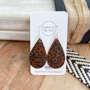 Medium Teardrop Earrings: Brown & Black Tooled