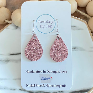 Small Teardrop Earrings: Pink Fine Glitter