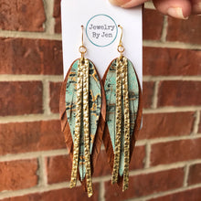 Load image into Gallery viewer, Narrow Fringe Feather Earrings: Turquoise Wildwood, Cognac &amp; Gold