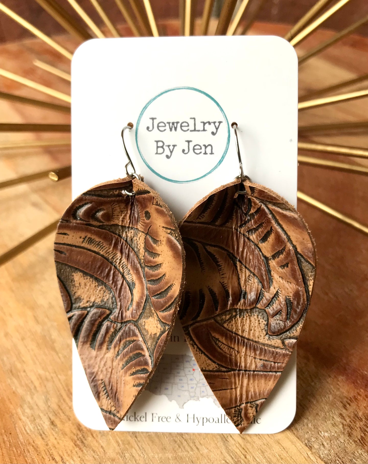 Large Pinched Earrings: Brown Western Tooled