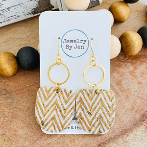 Boho Dangle Earrings: Gold & White Chevron Cork