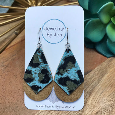 Double Stacked Teardrop Earrings:Turquoise Leopard & Weathered Tan