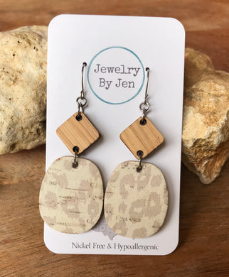 White Oak Diamond & Cream Leopard Cork Earrings