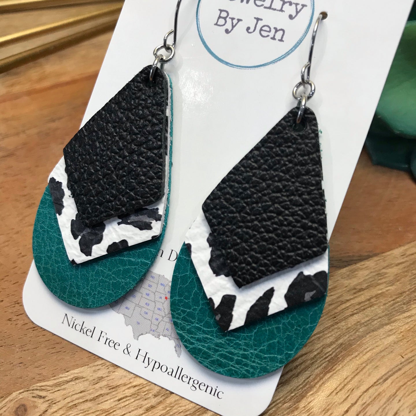 Triple Stacked Teardrop: Black, White Leopard & Teal