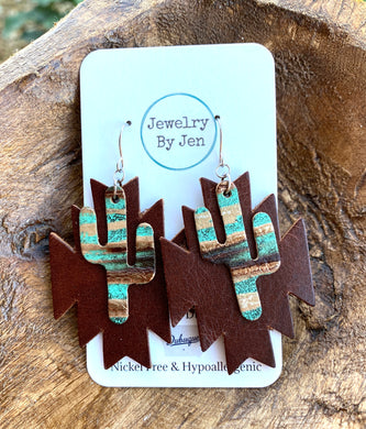 Southwest Earrings: Brown w/Aqua Bronze Cactus