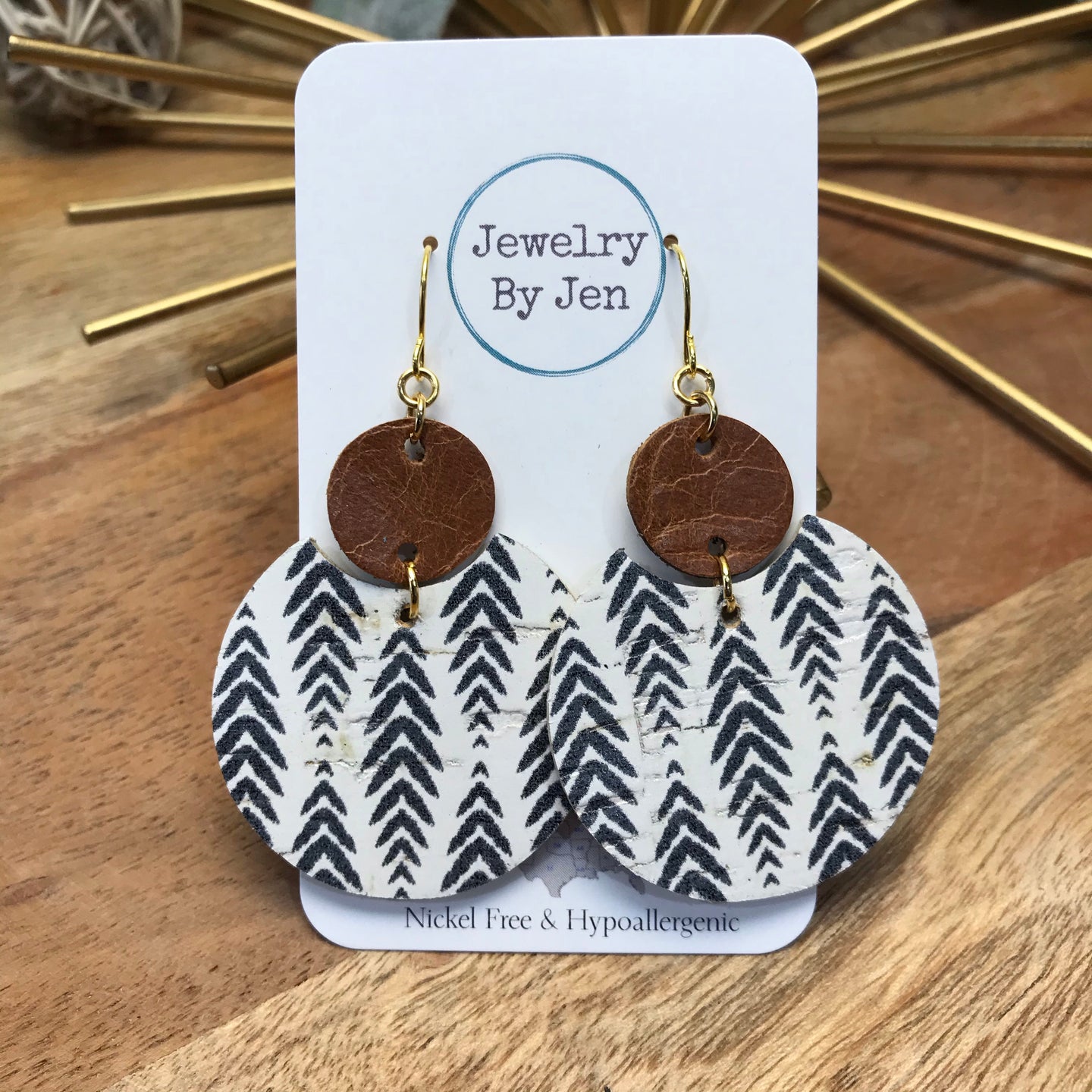 Luna Earrings: Cognac & Herringbone