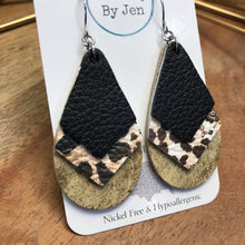 Load image into Gallery viewer, Triple Stacked Teardrop Earrings: Black, Floral Earrings Cheetah &amp; Cream