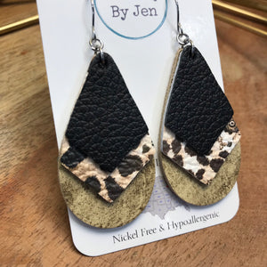 Triple Stacked Teardrop Earrings: Black, Floral Earrings Cheetah & Cream