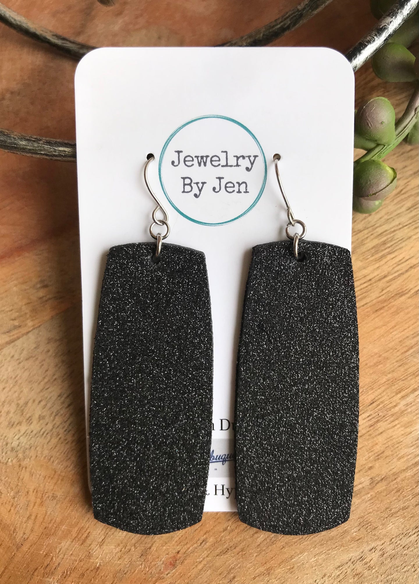 Bar Earrings (XL): Black Fine Glitter