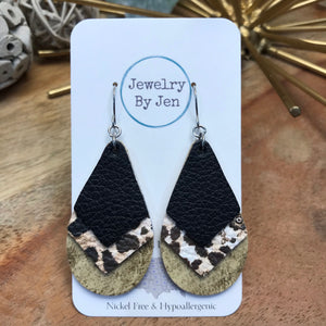 Triple Stacked Teardrop Earrings: Black, Floral Earrings Cheetah & Cream