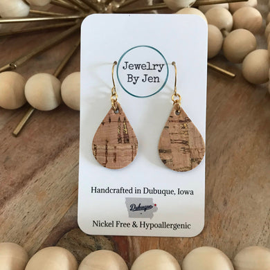Small Teardrop Earrings: Cork w/Gold Accents