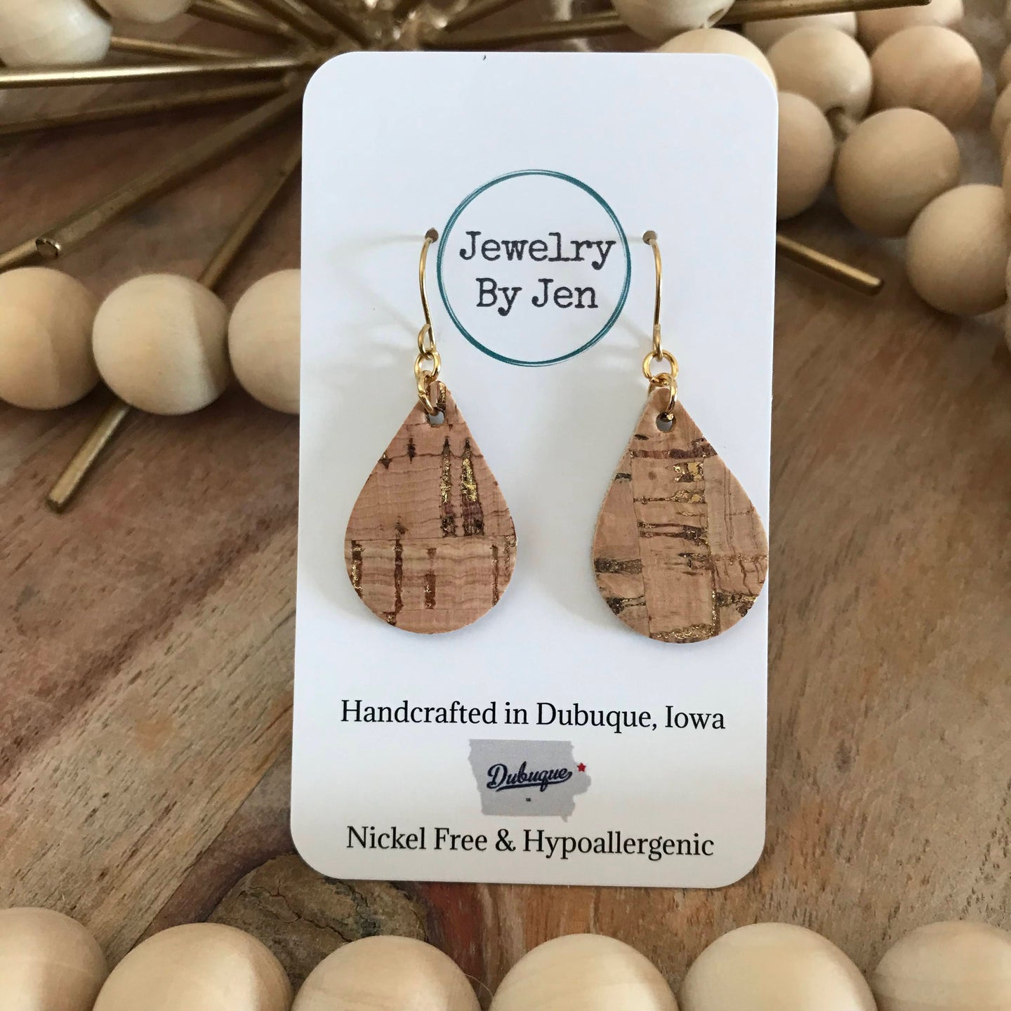 Small Teardrop Earrings: Cork w/Gold Accents